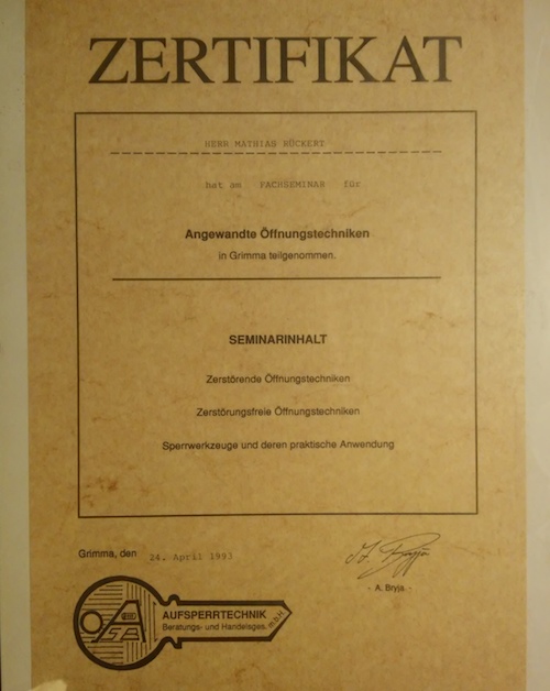 Zertifikat vom Schlüsseldienst Chemnitz